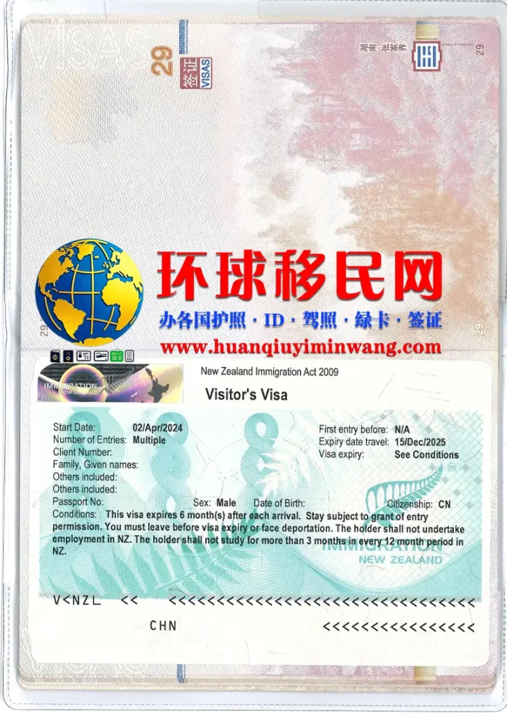 新西兰签证样本